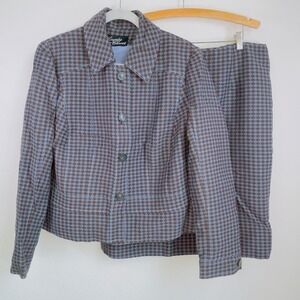 Lourdes Chavez Skirt Suit Set Geometric Blue Brown Button Front See Measurements